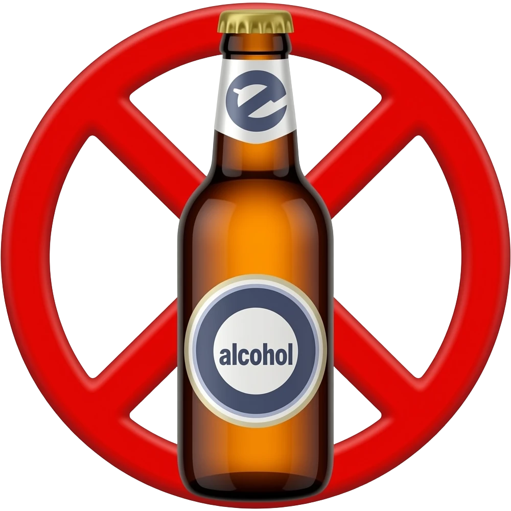 Минималистичный эмодзи-стиль: изображение бутылки пива с надписью "алкоголь", перечеркнутой красным крестом или запрещающим знаком. Чистый фон, простые формы, яркие цвета, плоский дизайн, как у стандартных эмодзи. Символизирует "не пил" или отказ от алкоголя. emoji
