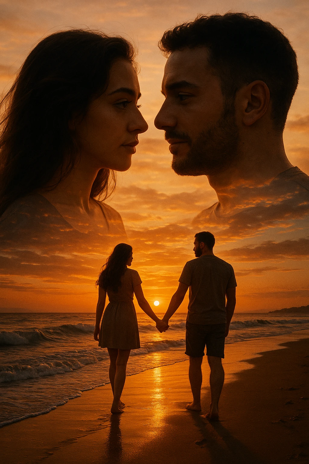 Una doppia esposizione cinematografica di noi di profilo, con un paesaggio di spiaggia al tramonto integrato nella silhouette.
La scena interna ci mostra entrambi camminare sulla sabbia bagnata, tenendoci per mano, con le onde del mare che si infrangono è facile e un cielo colorato dagli ultimi raggi di sole. Atmosfera calda e intima, toni dorati arancioni, dettagli fini ed espressivi, risoluzione 8K. emoji