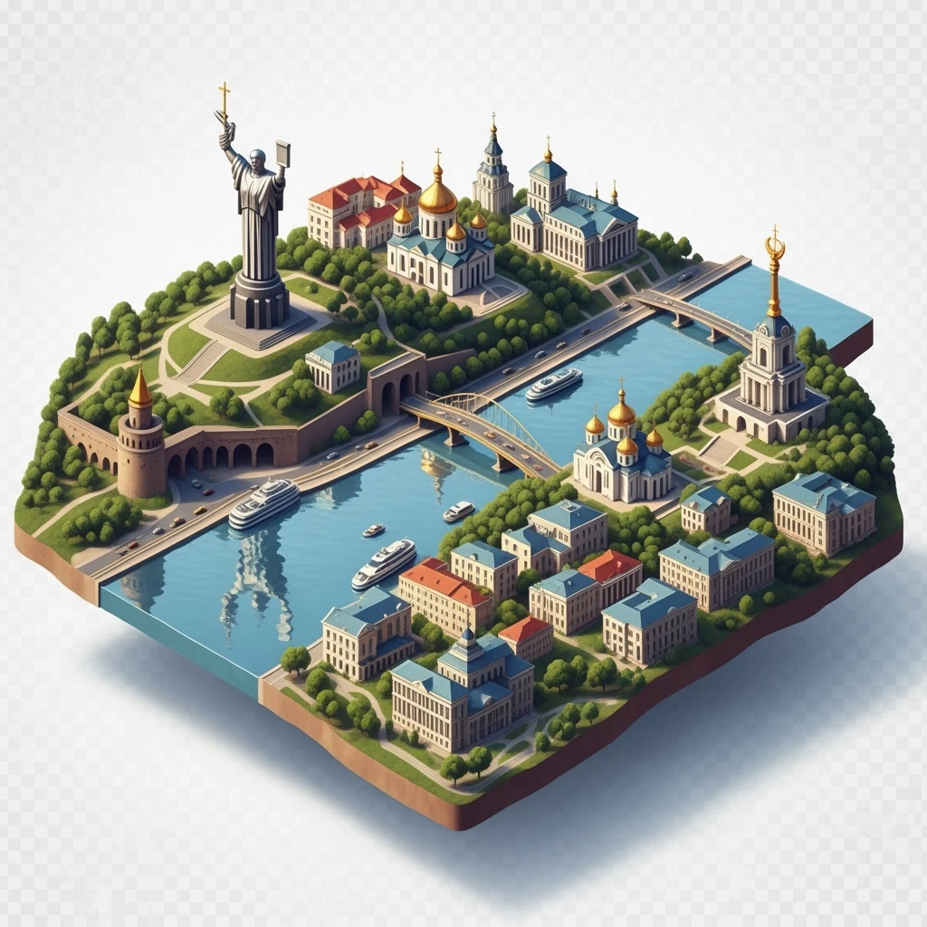 Isometric illustration of photorealistic Kyiv, balanced between paint stylized and realistic, 3D miniature effect, transparent background. emoji