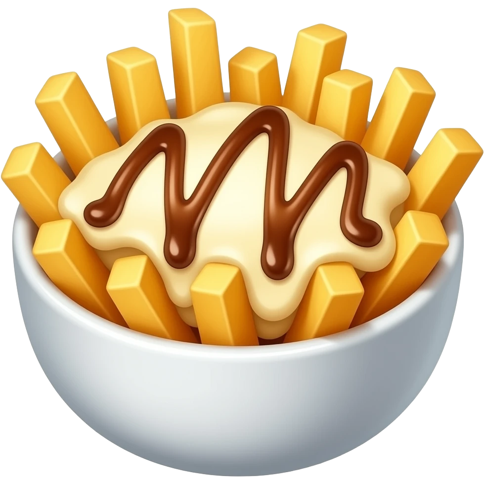 French fries in a bowl with curd cheese and brown sauce emoji