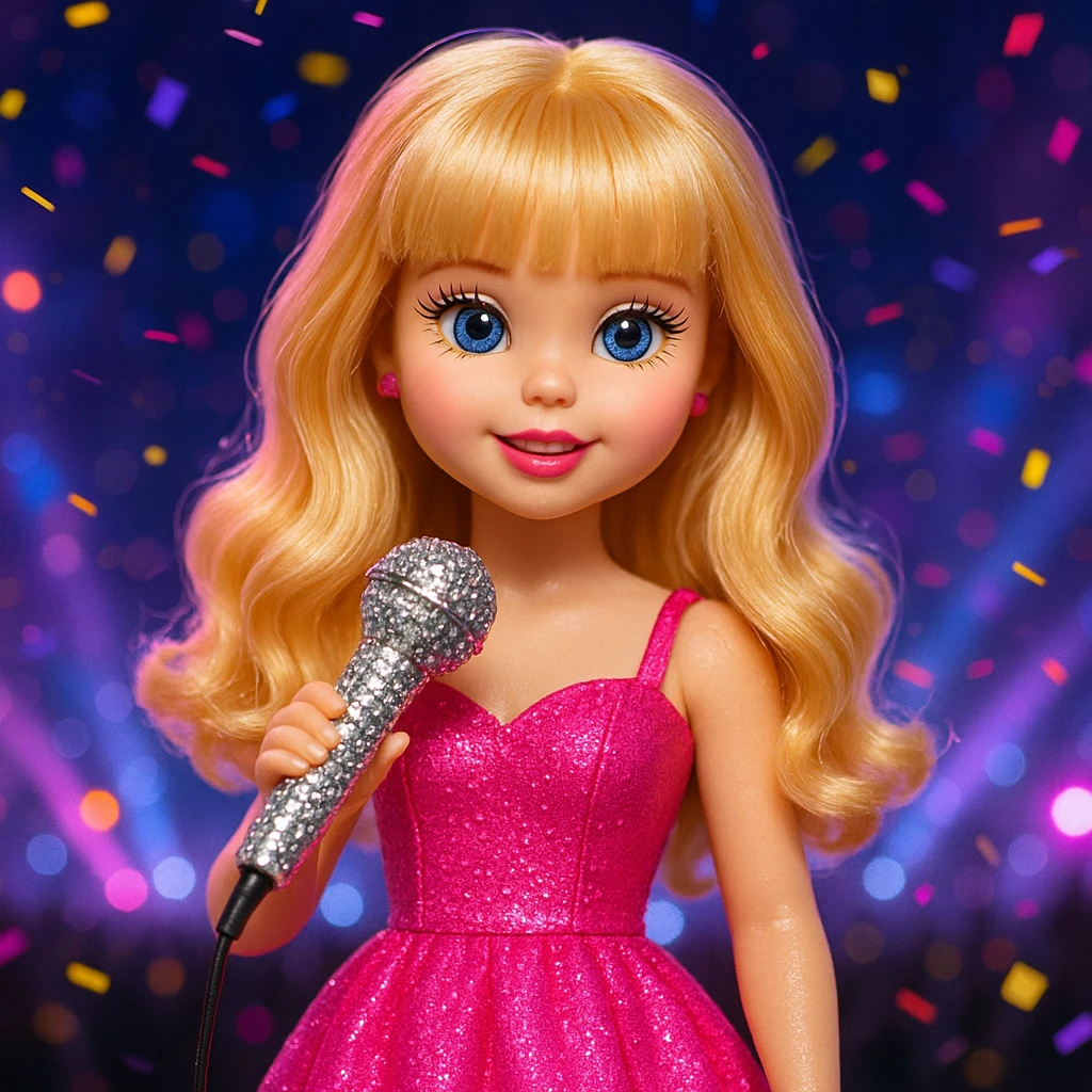 Pretty and girly Blonde pop star with bangs, holding a bedazzled microphone, reimagined as a doll, with a nighttime concert backdrop with colorful confetti emoji