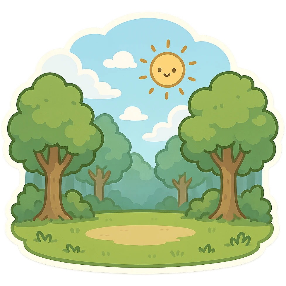 一张森林场景，中间是一片空地，蓝色天白云，太阳 emoji