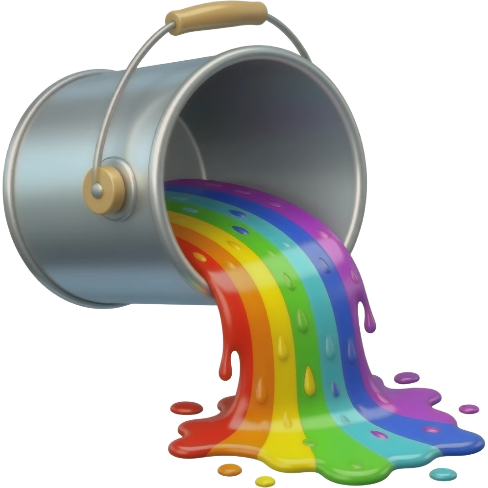 2D paint bucket pouring out rainbow paint titlted at a 45 degree angle facing right emoji