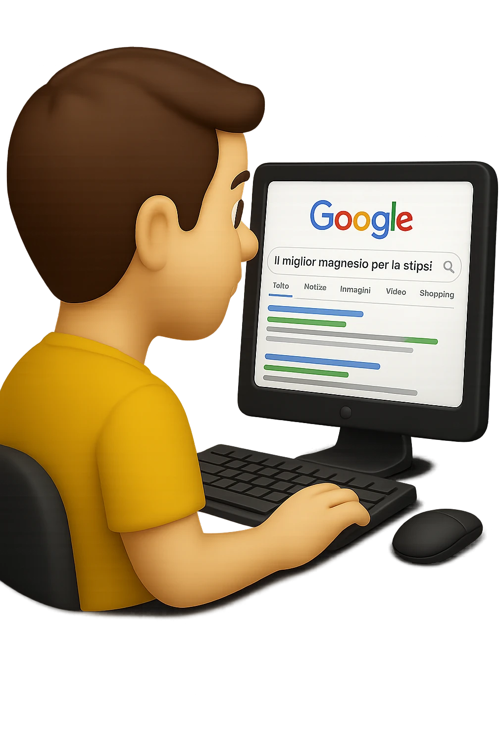 emoji stile iphone di un uomo davanti al pc che cerca di google: "Il miglior magnesio per la stipsi", iperrealistico 4k emoji