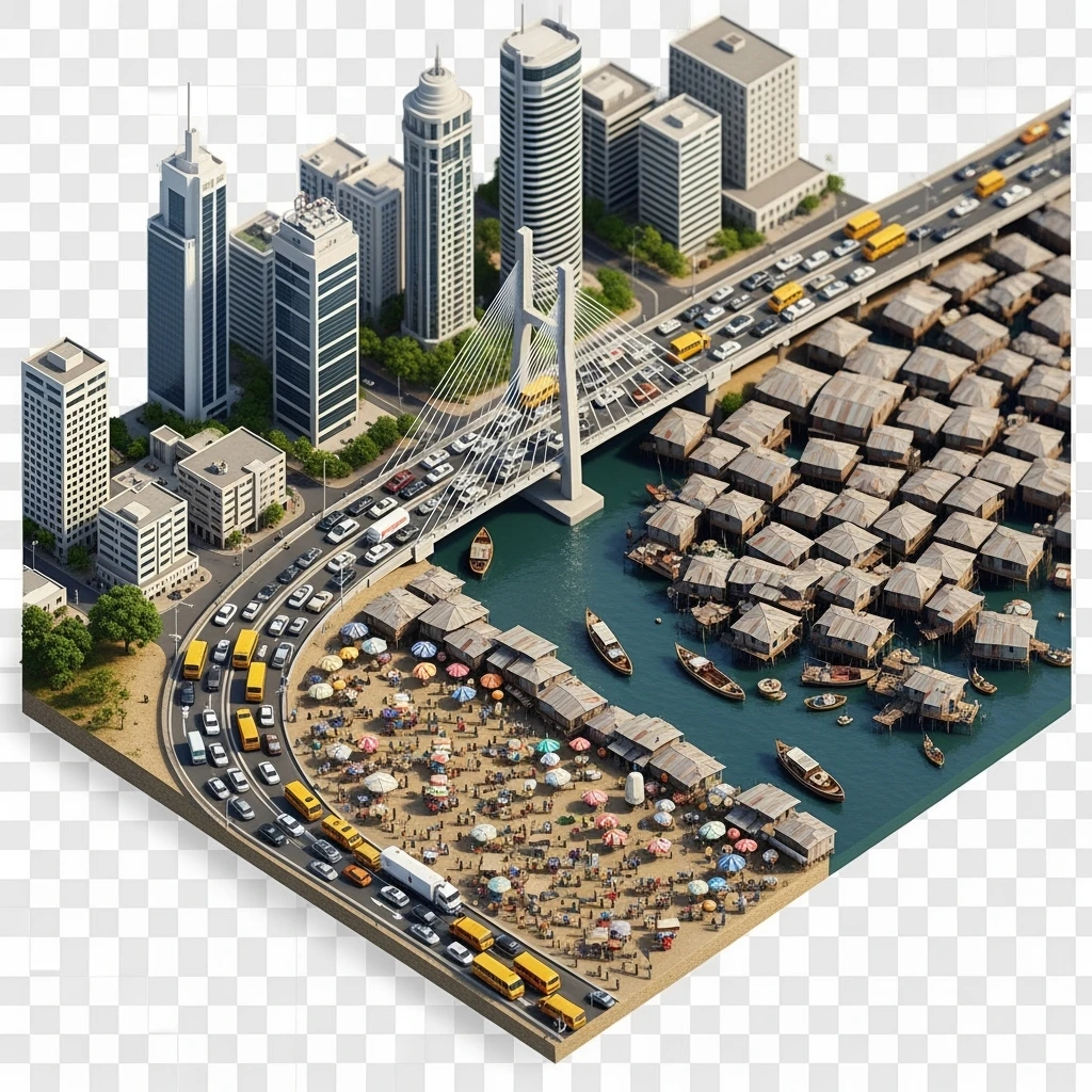 Isometric miniature of Lagos Lekki-Ikoyi Bridge, Eko Atlantic skyscrapers, Makoko slums, tin-roof shacks, chaotic markets, gridlocked traffic, 3D miniature effect and Tilt Shift effect, no cartoonish look, transparent background, don't cut angles emoji