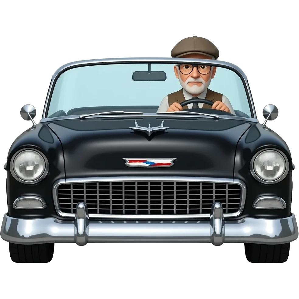 OLD MAN WITH GLASSES NO FACIAL HAIR AND FLAT CAP DRIVING BLACK 1955 CHEVY WITH emoji
