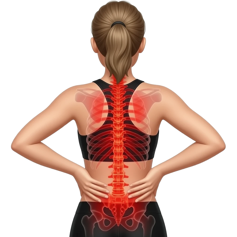 back pain, anatomical highlight of the full spine and back muscles, full red glow over the entire back area, woman with hands on lower back, fair-skinned woman, gray-blue eyes, ash brown brows, ash light brown hair tied back, slim athletic body, black workout set emoji