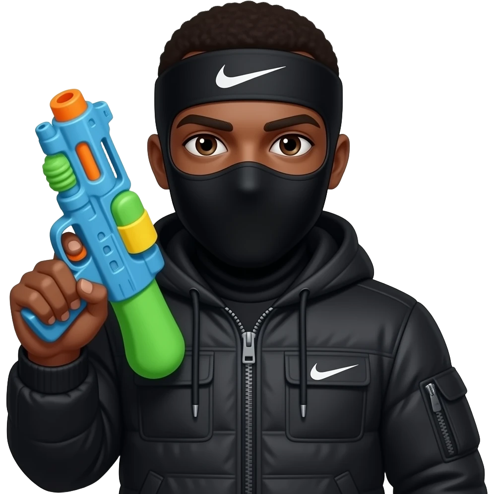 Make him appear to be African-American in all black, but make him holding a water gun wearing a Nike ski mask emoji
