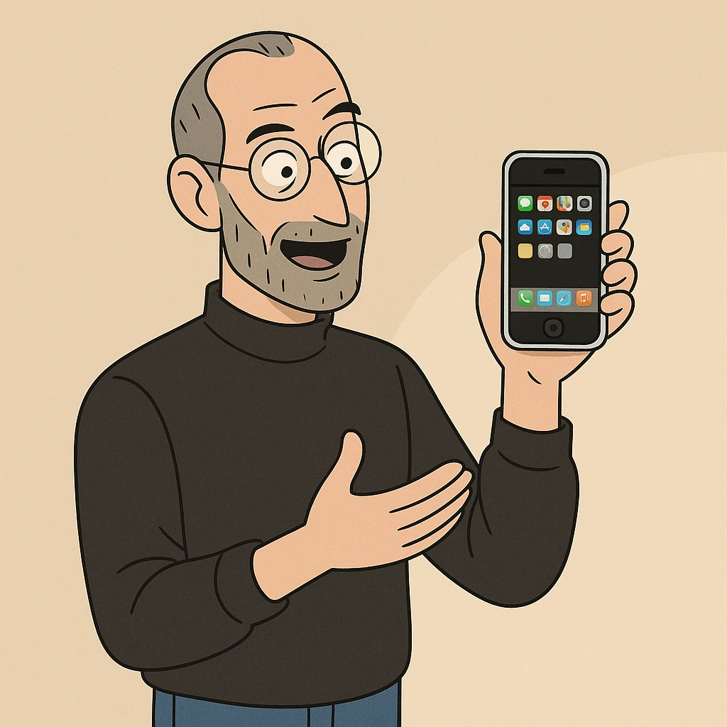 Steve Jobs presenting an iPhone with confident expression, modern illustration style emoji