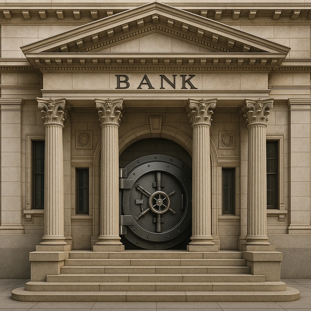 a bank building, classic style, stone columns, vault door, financial institution emoji