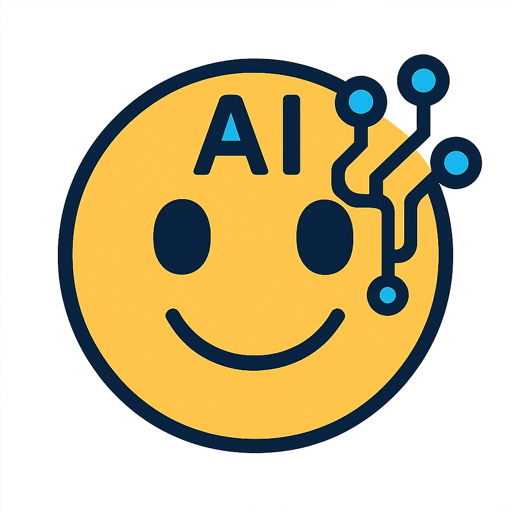 smiley AI emoji, color outline icon style, cheerful and techy, bold outlines, hint of circuitry emoji