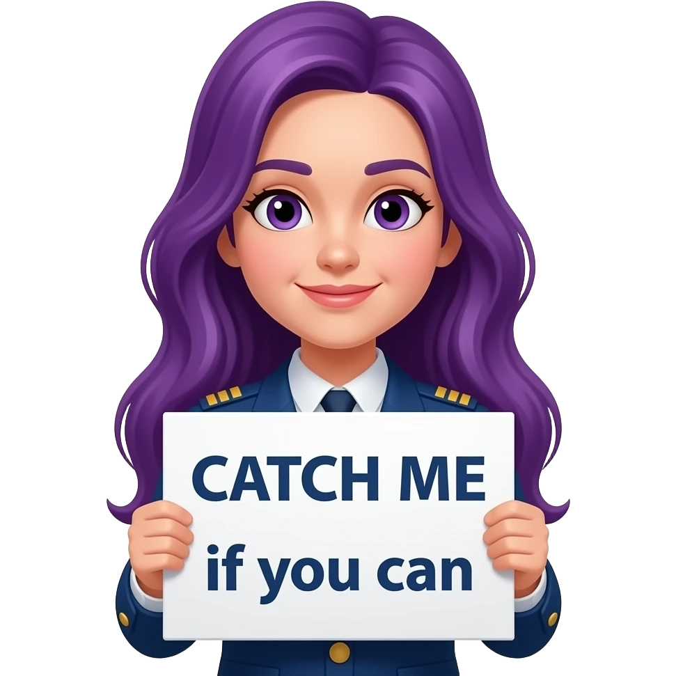 girl with long purple hair with a CATCH ME if you can sign emoji