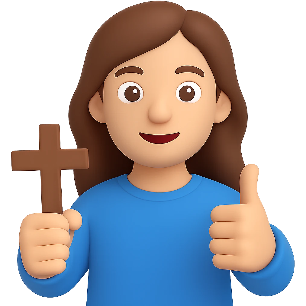 Make the person a boy with long brown hair, holding a cross and giving a thumbs up, in a 3D emoji style with no background. emoji