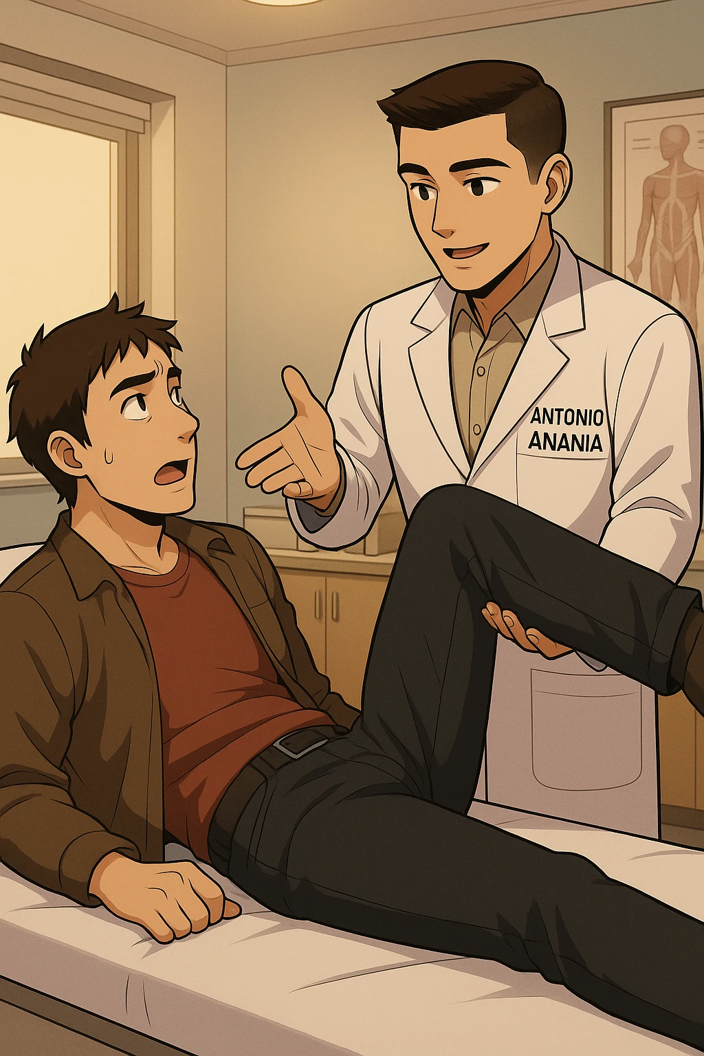 fai un webtoon manga a colori con questo stile, in cui un uomo è steso sul lettino medico e il kinesiologo con il camice bianco (fagli anche la scritta "ANTONIO ANANIA" SUL CAMICE, gli solleva una gamba per fargli il test neuromuscolare, IL KINESIOLOGO SPIEGA ALL'UOMO UNA cosa mentre gli alza la gamba. non fare i fumetti però, fai solo in modo che sembri stiano parlando, il lettino fai in modo che si veda tutto intero emoji