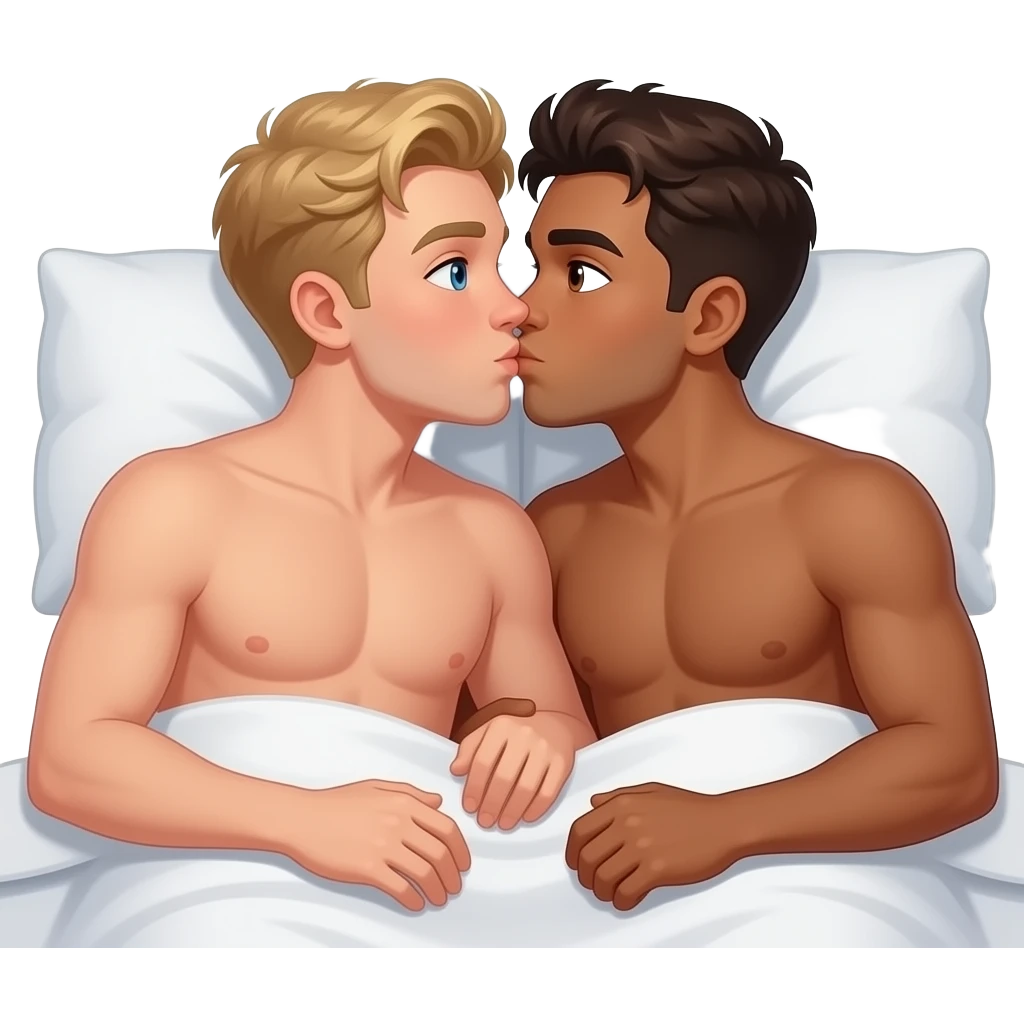 Make a gay couple on a Date , one has light Skin with Blond Hair and Blue Eyes, the other one has slightly brown skin witz dark Brown Hair and Brown Eyes. They are laying together in a Bed shirtless and kiss. emoji