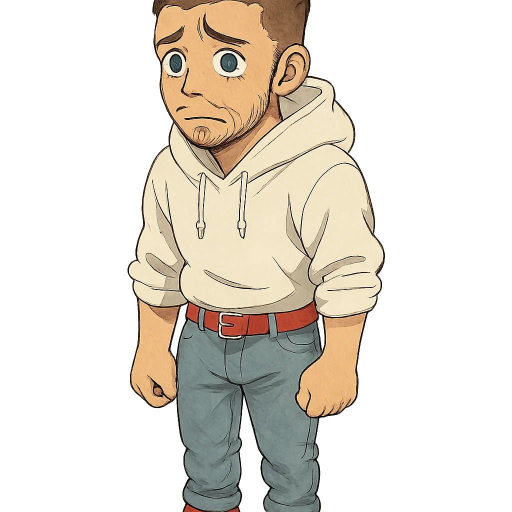 1 male, mid fade haircut dark chestnut brown curly hair, toasted lightskin, white hoodie sleeves up, fashion jeans, red fashion-sneakers shoes, red belt, short trimmed beard and goatee,  style of deku from "my hero academia", FACIAL EXPRESSION IS VERY SAD, TEARS WELLING UP emoji