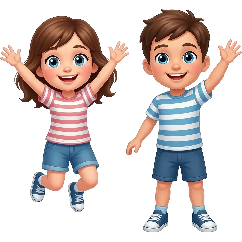 dos hermanos pequeños, una chica con ojos azules y cabello avellana saltando de alegria con una camiseta i unos pantalones  con su hermano de pelo castaño con ojos azules saltando de alegria emoji