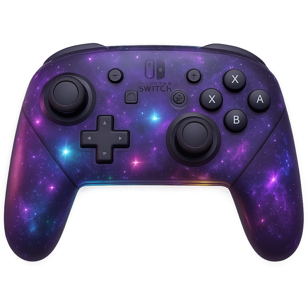 Nintendo Switch Pro controller with a purple galaxy design, RGB glowing stars, dynamic, high-tech vibe emoji