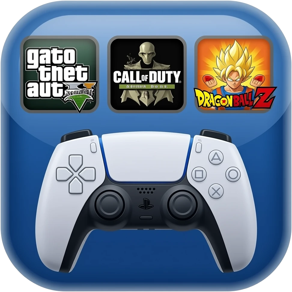 icone avec a l interieur des icone de jeu gta call off duty et dragon ball z et une mannette ps5 devant emoji