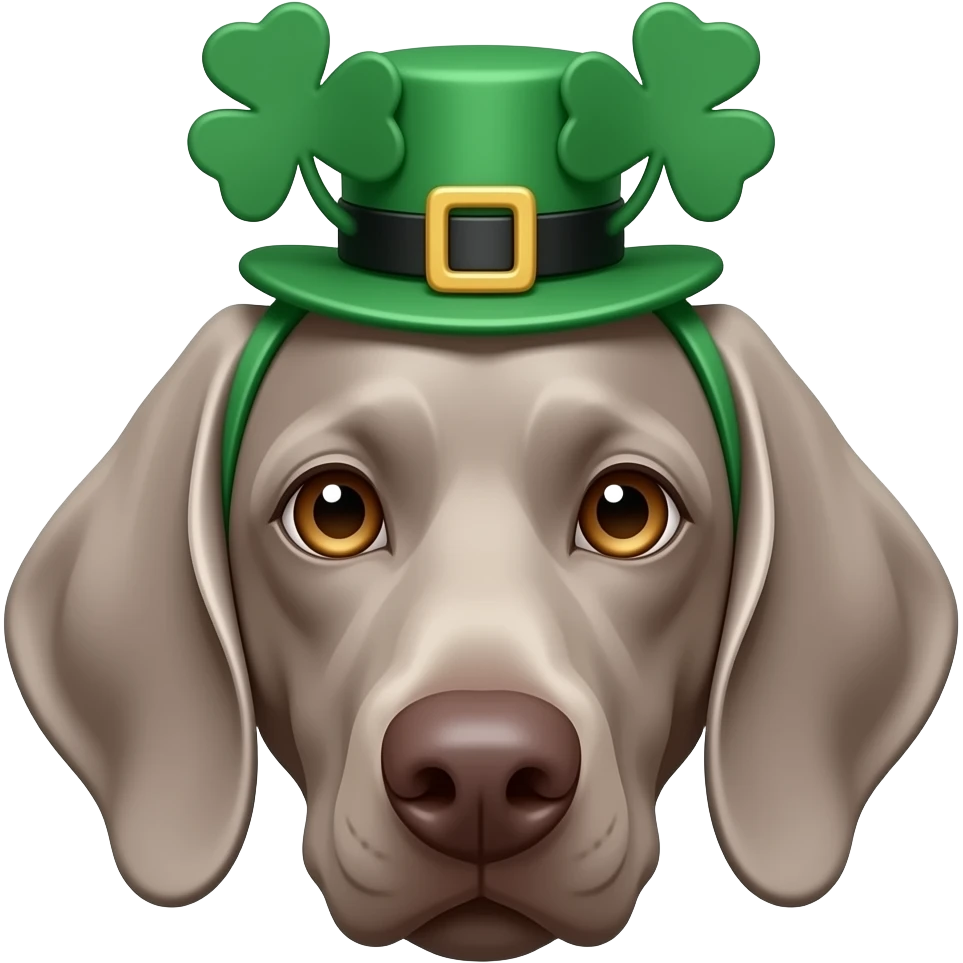 Silver eyed Weimeraner head with st Patrick’s day garb emoji