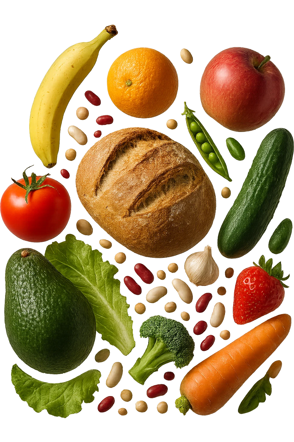 FRUTTA, PANE, LEGUMI E VERDURE CRUDE FLUTTUANO IN ARIA, IPERREALISTICA 4K emoji