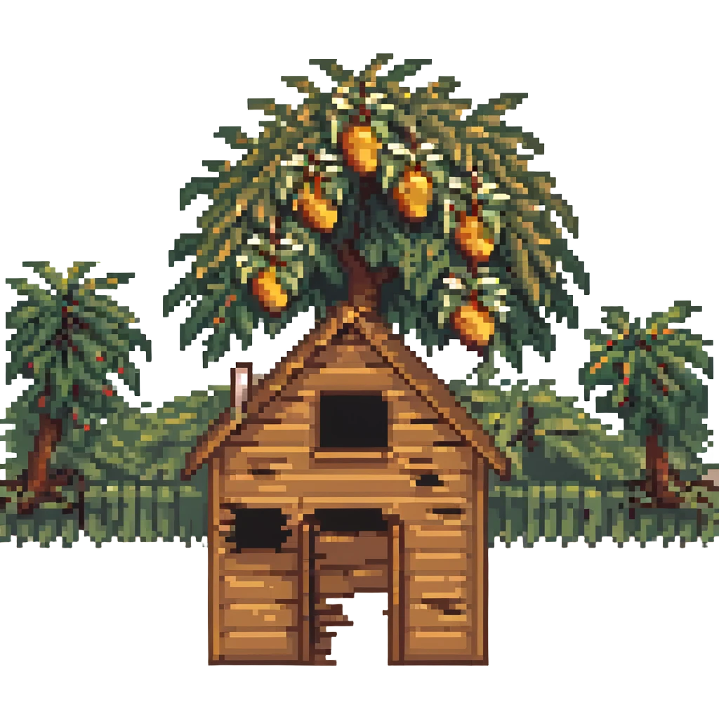 A simple light brown wooden house from a barrio with a mango tree in the foreground emoji