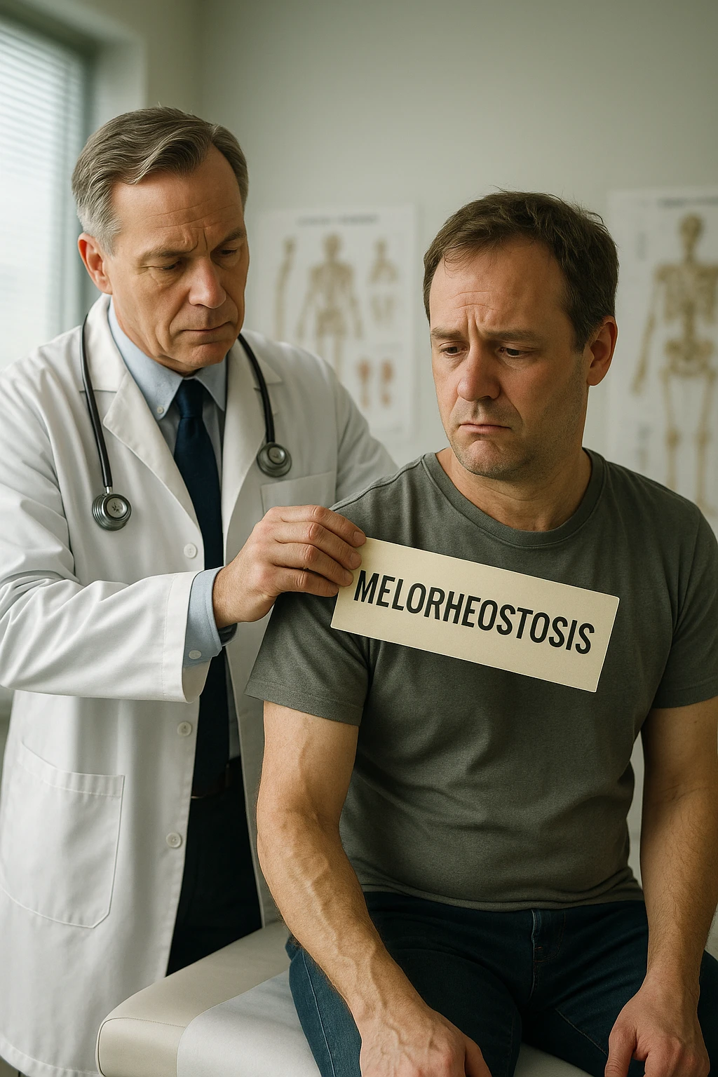 A realistic, cinematic illustration set in a bright, modern medical office. A middle-aged doctor in a white lab coat with a serious expression is shown gently placing a large paper label on the shoulder of a male patient sitting on the examination table. The label has the word 'Melorheostosis' written on it, symbolizing the act of labeling the patient with his rare bone condition. The patient looks confused and slightly disheartened, wearing a simple t-shirt with part of his arm exposed, showing subtle signs of bone thickening or deformation associated with melorheostosis. The background includes medical charts and a softly blurred skeleton model, emphasizing the medical setting. The lighting is bright but neutral, conveying a sterile, clinical atmosphere while focusing on the symbolic moment of receiving a diagnosis label. The mood is introspective and slightly heavy, illustrating the emotional weight of being defined by a rare chronic condition emoji