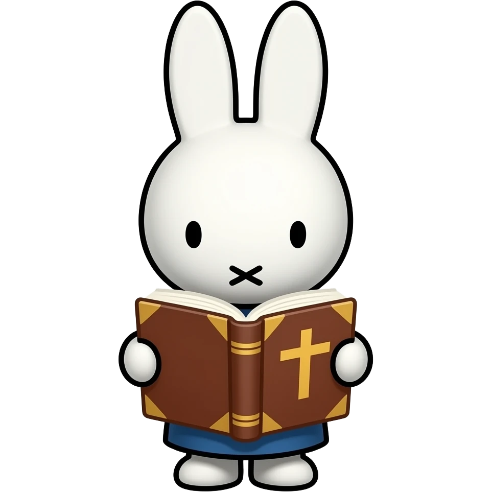 Miffy reading the Bible , no text on the cover just a cross emoji