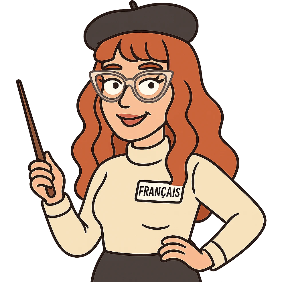 bitmoji style cartoon, redhead woman, long wavy hair, bangs, cat-eye clear-framed glasses, blue eyes, French teacher, with a beret emoji
