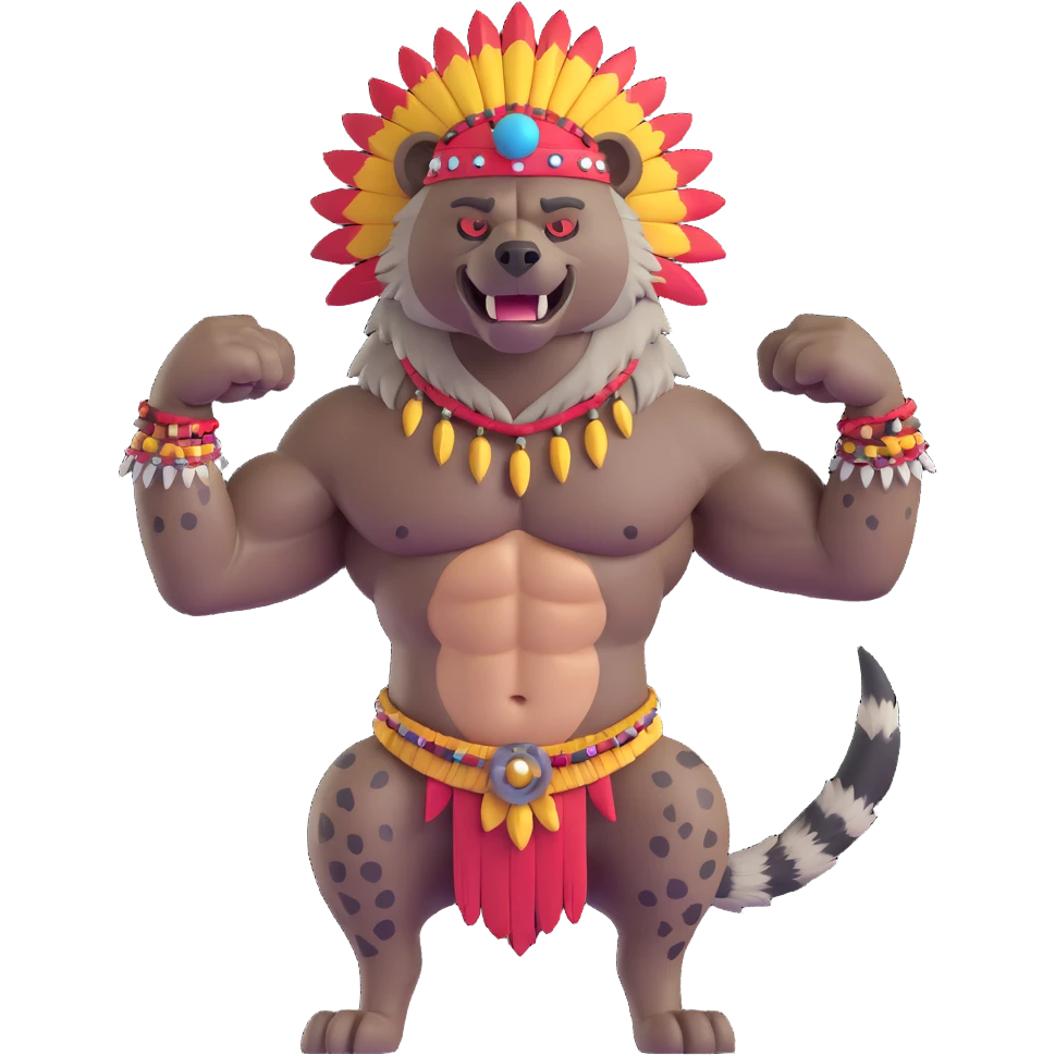 A native strong buff hyena with war bonnet flexing posing full body  emoji