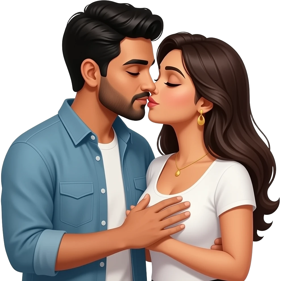 Husband kissing wife lovingly Indian couple modern casual dress. Husband hand on wife chest. Lady low neck, husband no beard no moustache emoji