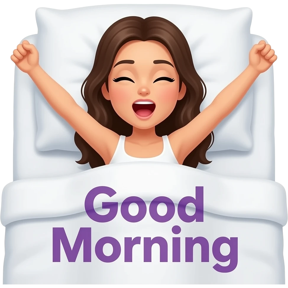 a naked woman waking up in bed with arms fully stretched and yawning with the words "Good Morning" in purple printed across emoji
