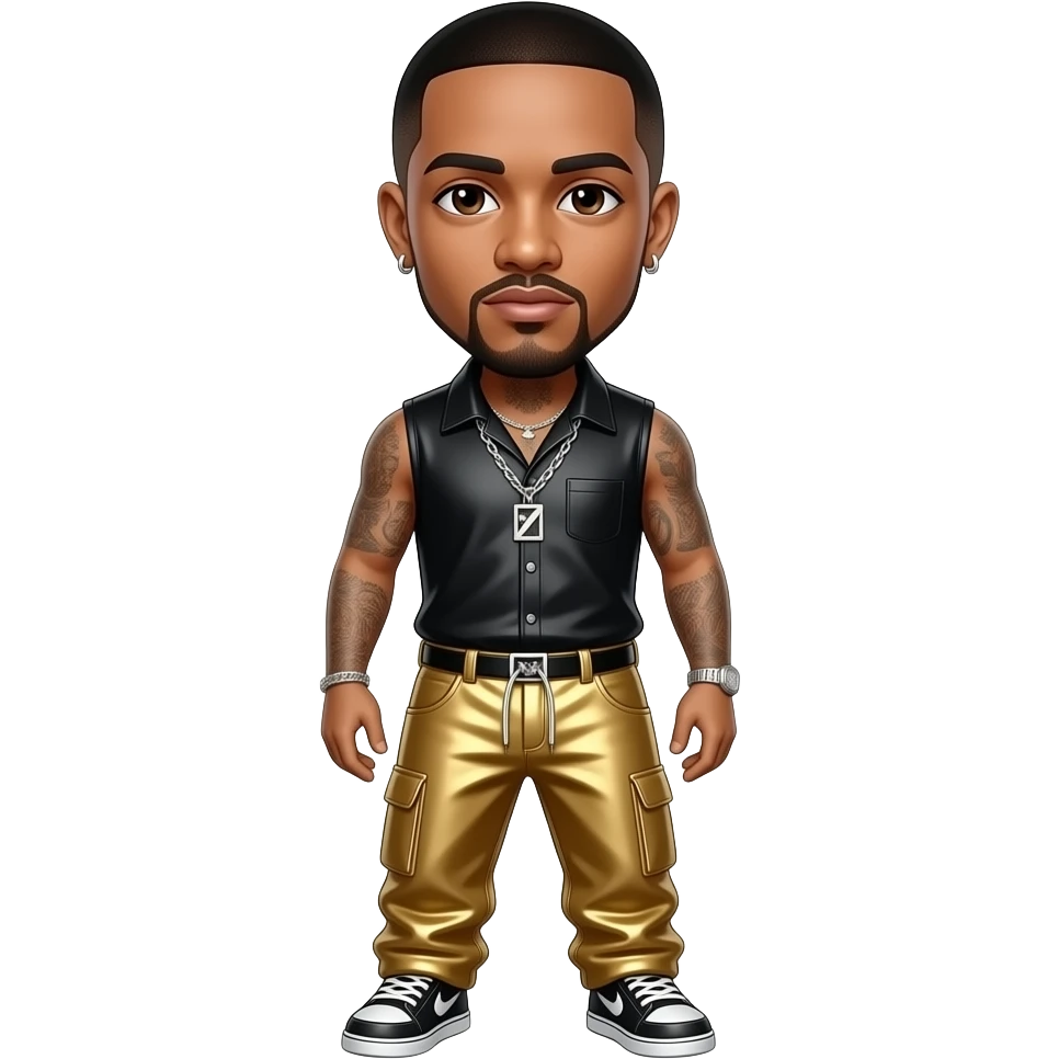 Drake with dark brown eyes, black buzz cut hair, black metallic hip-hop sleeveless shirt, gold metallic hip-hop baggy pants, necklace and earrings emoji