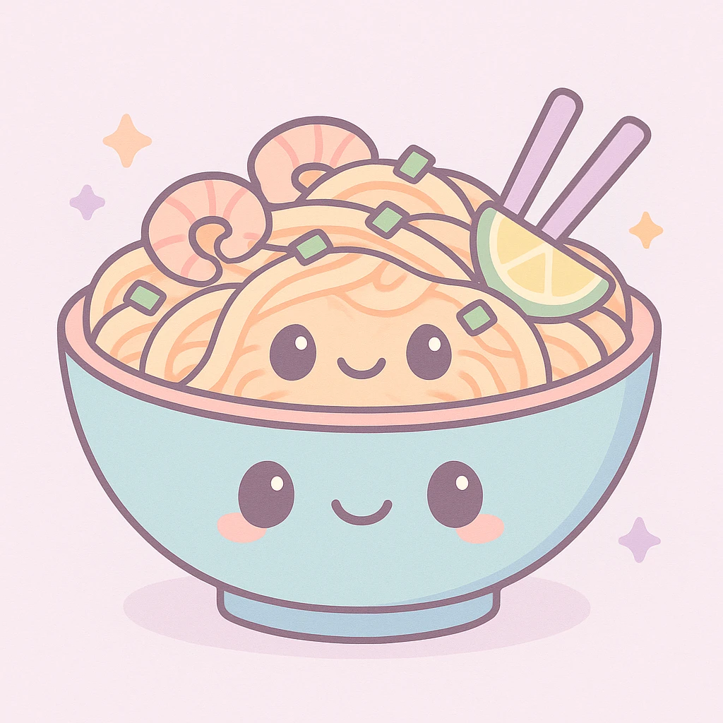pad thai, kawaii style, cute face on noodles, bright colors, playful emoji