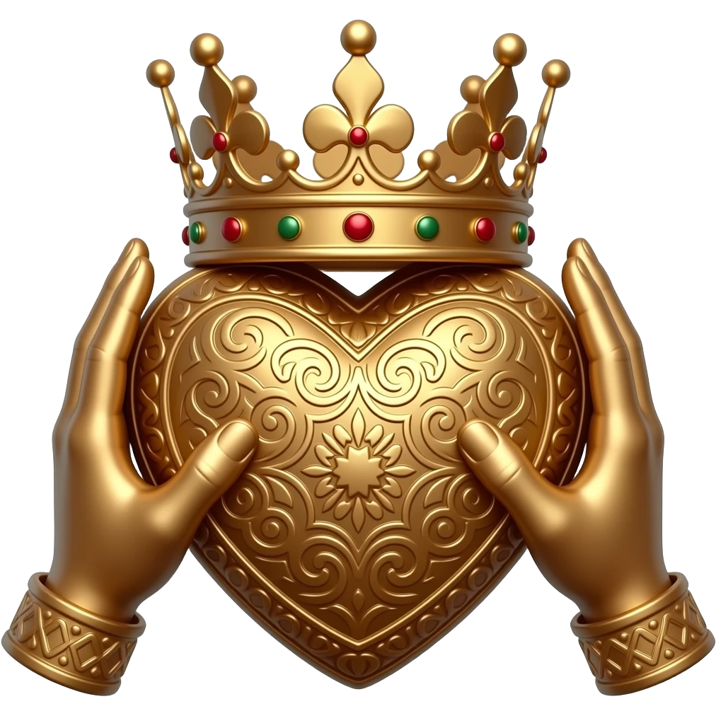 steampunk style - two bronze hands touch a bronze heart richly ornamented with arabesques with a richly decorated royal crown, dramatic lighting - backlight emoji
