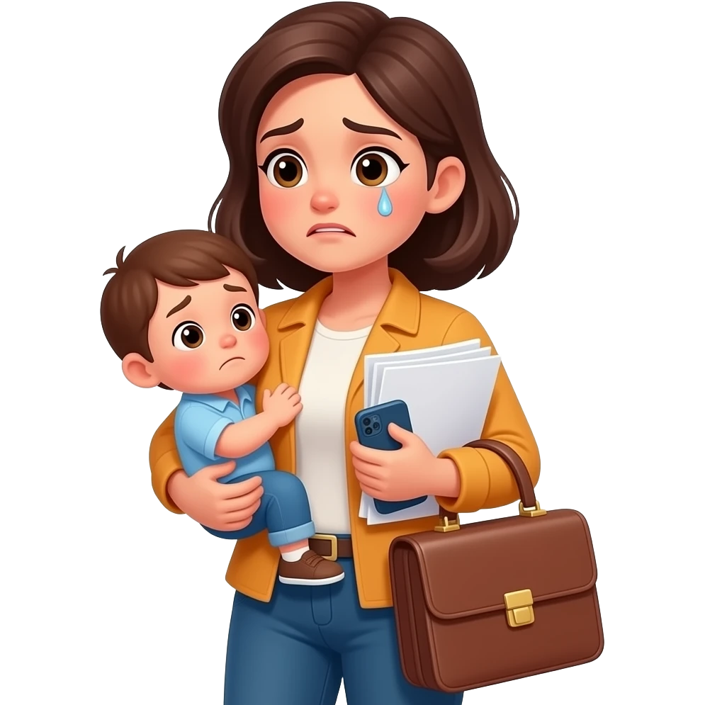 single mother holding child and multiple responsibilities, tired but strong expression, slightly overwhelmed, minimalist flat illustration, warm tones, consistent style, same character design, no background, expressive face emoji