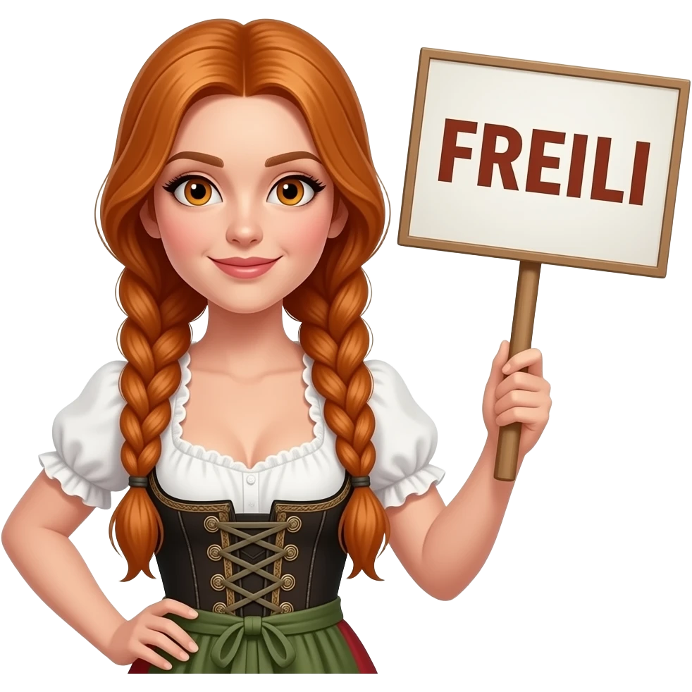 sexy girl with overlong ginger hair in braids and ginger eyes wearing a dirndl holding a FREILI sign emoji
