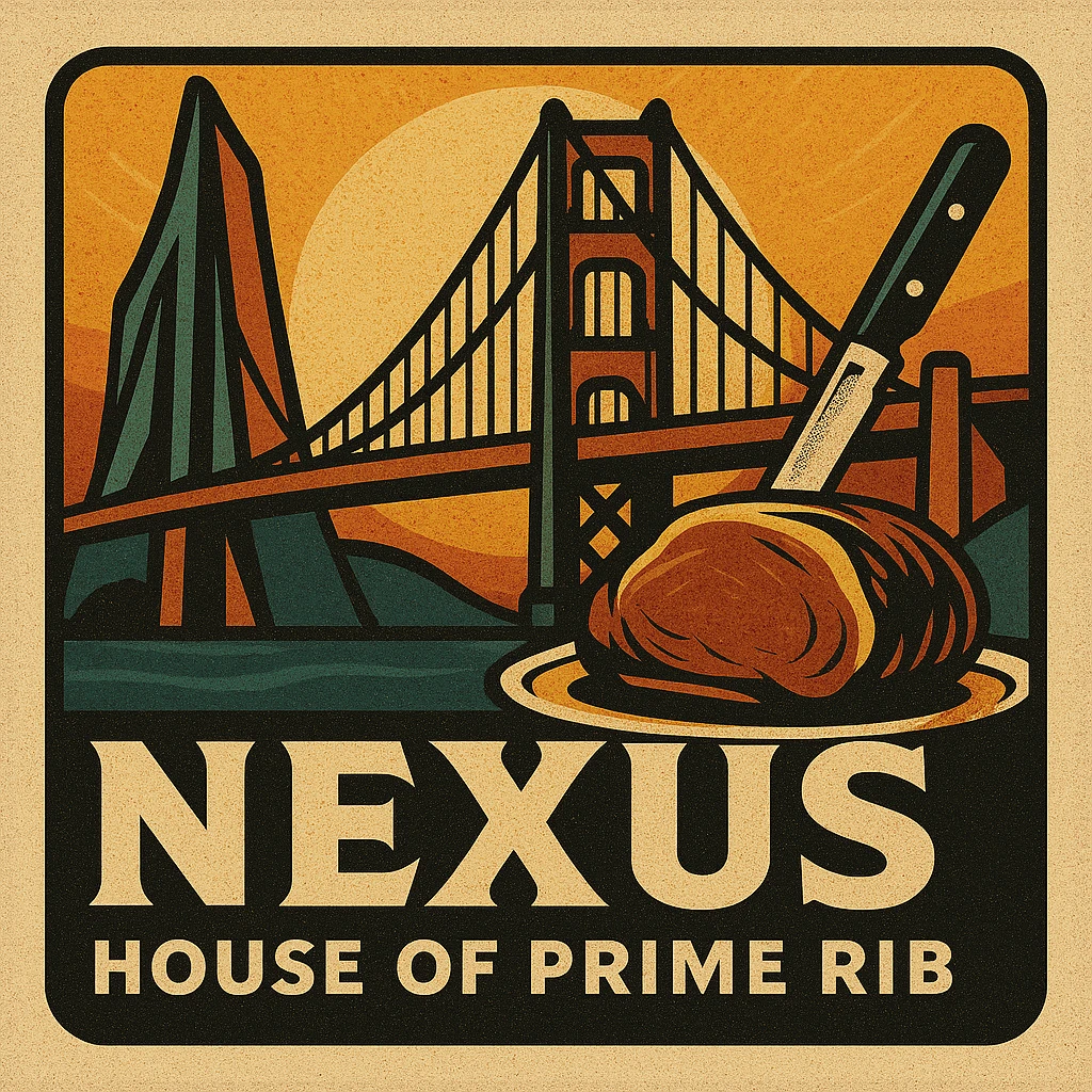 Transform the logo into a square format suitable for 'NEXUS-1: House of Prime Rib' while keeping the retro art deco style. Maintain the Golden Gate Bridge and sunset elements prominently. Add subtle visual hints of a classic steakhouse such as a prime rib, steak knife, or elegant dining details, ensuring these elements blend seamlessly with the overall aesthetic. Keep the word 'NEXUS' prominent and visually striking in the design. emoji
