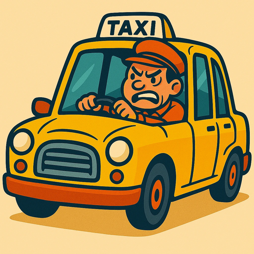 Cabbie in yellow taxi with an angry expression, vibrant cartoon style. emoji