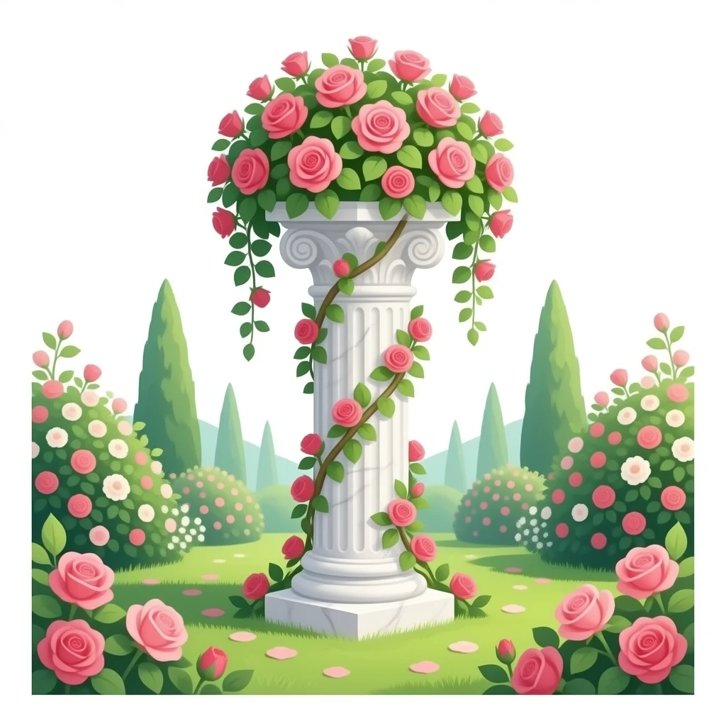 White tall marble pedestal with vines growing and gorgeous roses flowers beautiful romantic scenery garden scenic emoji