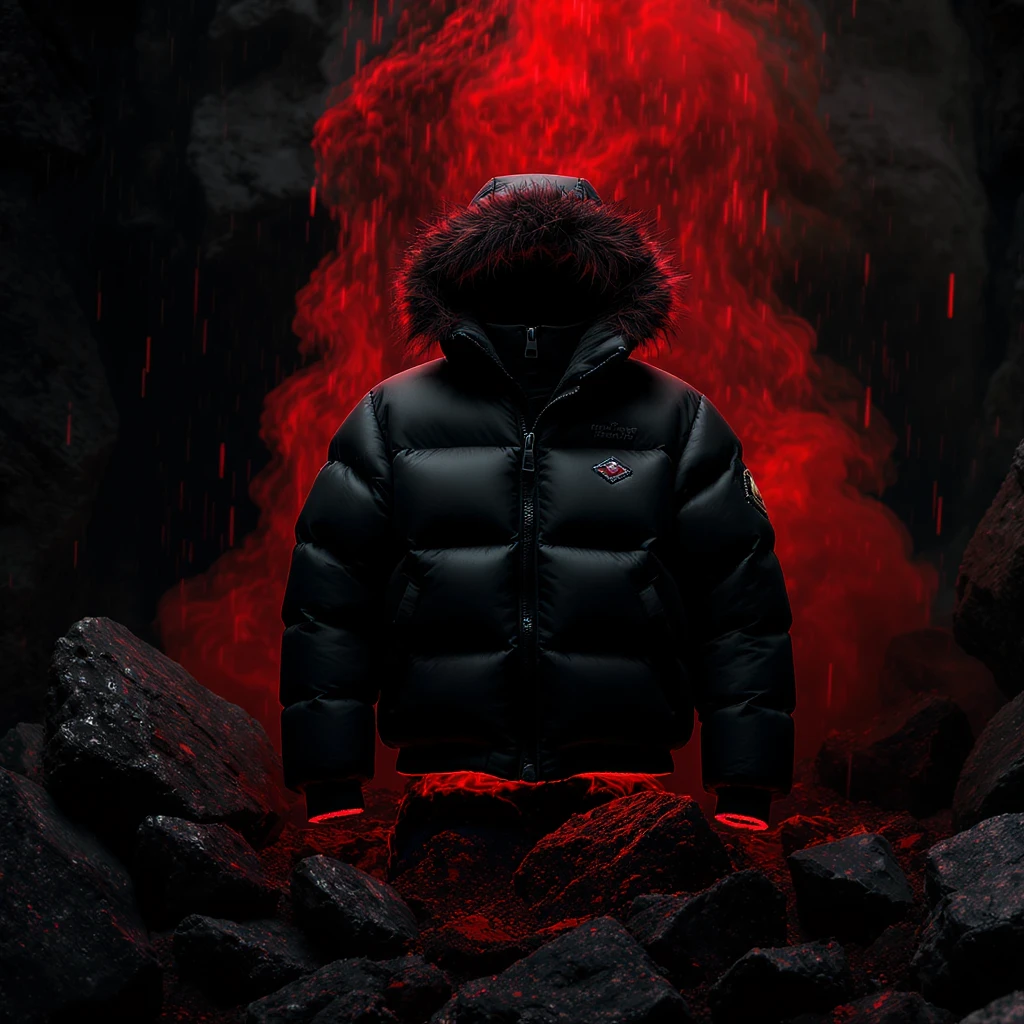 cinematic still of a front black puffer jacket around black stone with red coal temeperature environment, back red light emoji
