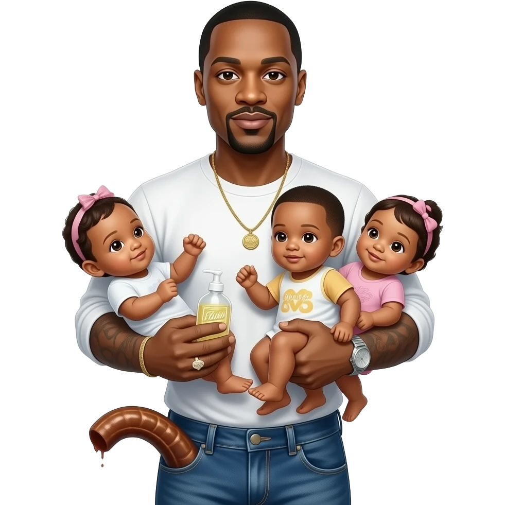 Sean Diddy Combs holding baby’s and baby oil. A veiny brown rod sticking out of his pants. emoji