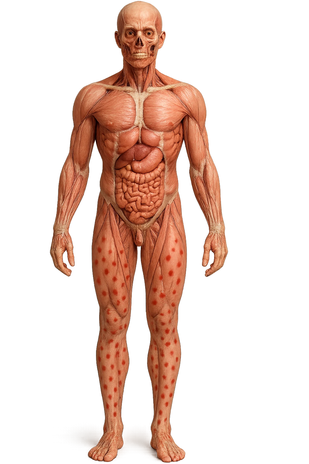corpo umano anatomico a figura intera con red spot sparsi sulle gambe, iperrealistica in 3d emoji