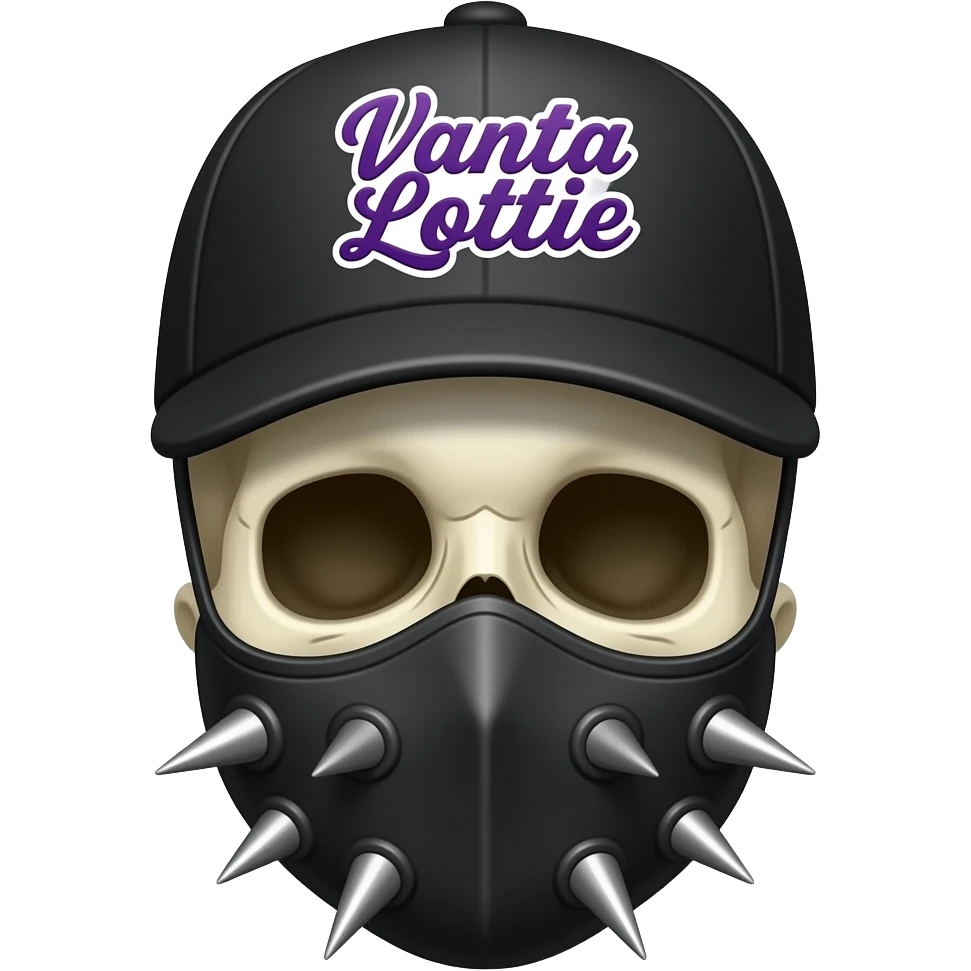 A skeleton head thats wearing a black baseball cap that says "Vanta Lottie" with purple lettering and white bordering, with no hair, with a black mask that has spikes on the mask emoji