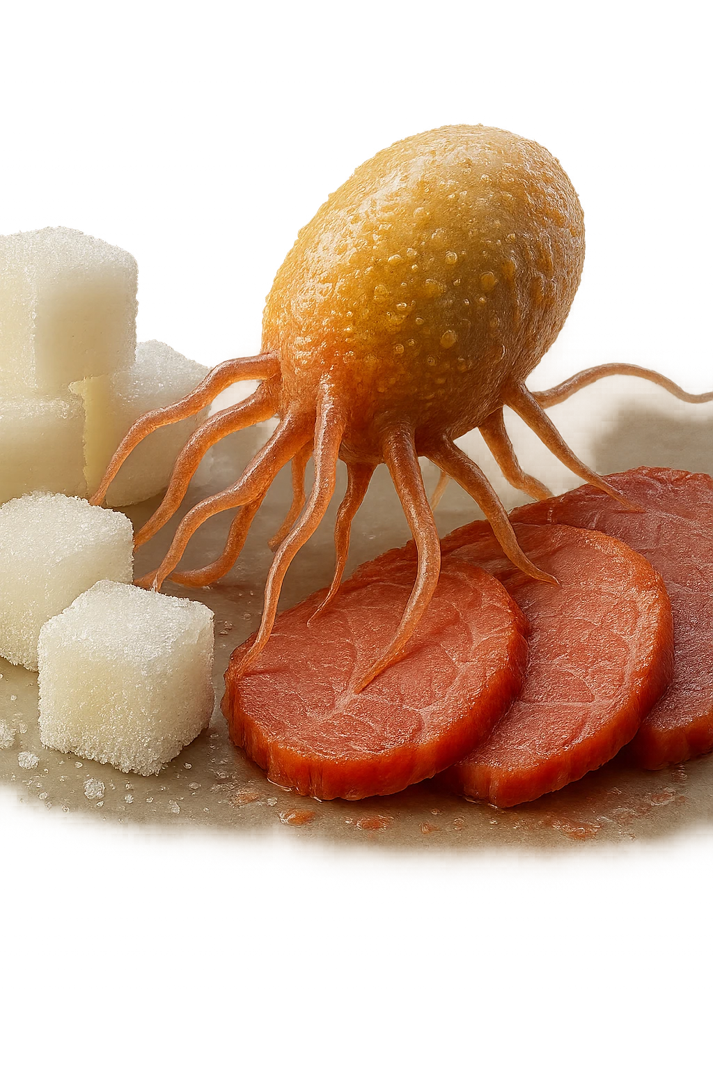 un batterio della candida si nutre di zollette di zuccheri e fettine di carne, IPERREALISTICO 4K emoji