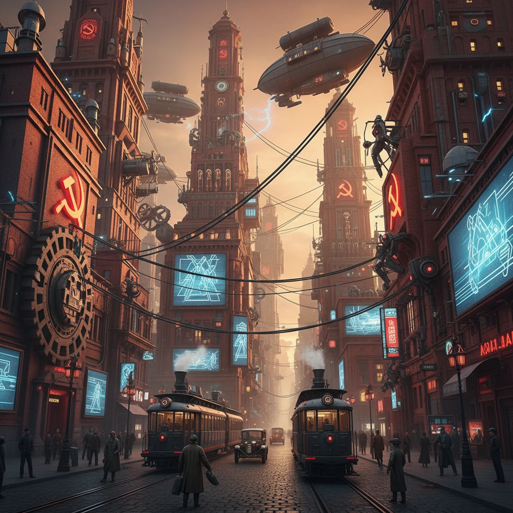Советский умный-город. Ретро-киберпанк в стиле Atomic Heart.

Но без современных технологий, а в 1920 году.

Стиль фотореализм emoji