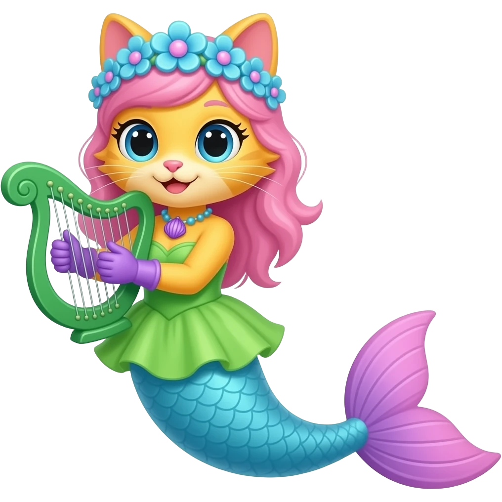 yellow cat with pink hair blue flower crown with light purple shell necklace green dress attached to light blue mermaid tail with pink fins purple gloves holding a green harp artistic creation, beautiful art emoji