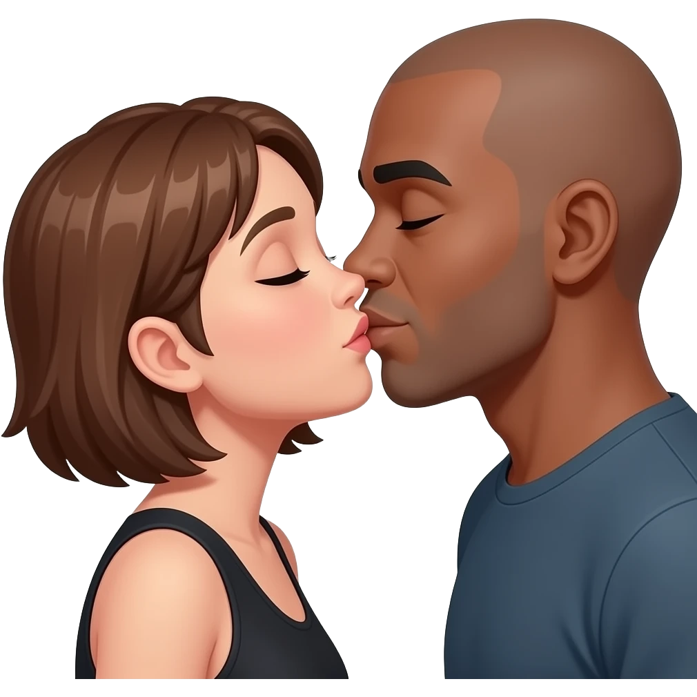 Short Caucasian woman with short dirty brond hair and a bald taller brown man kissing eachother emoji