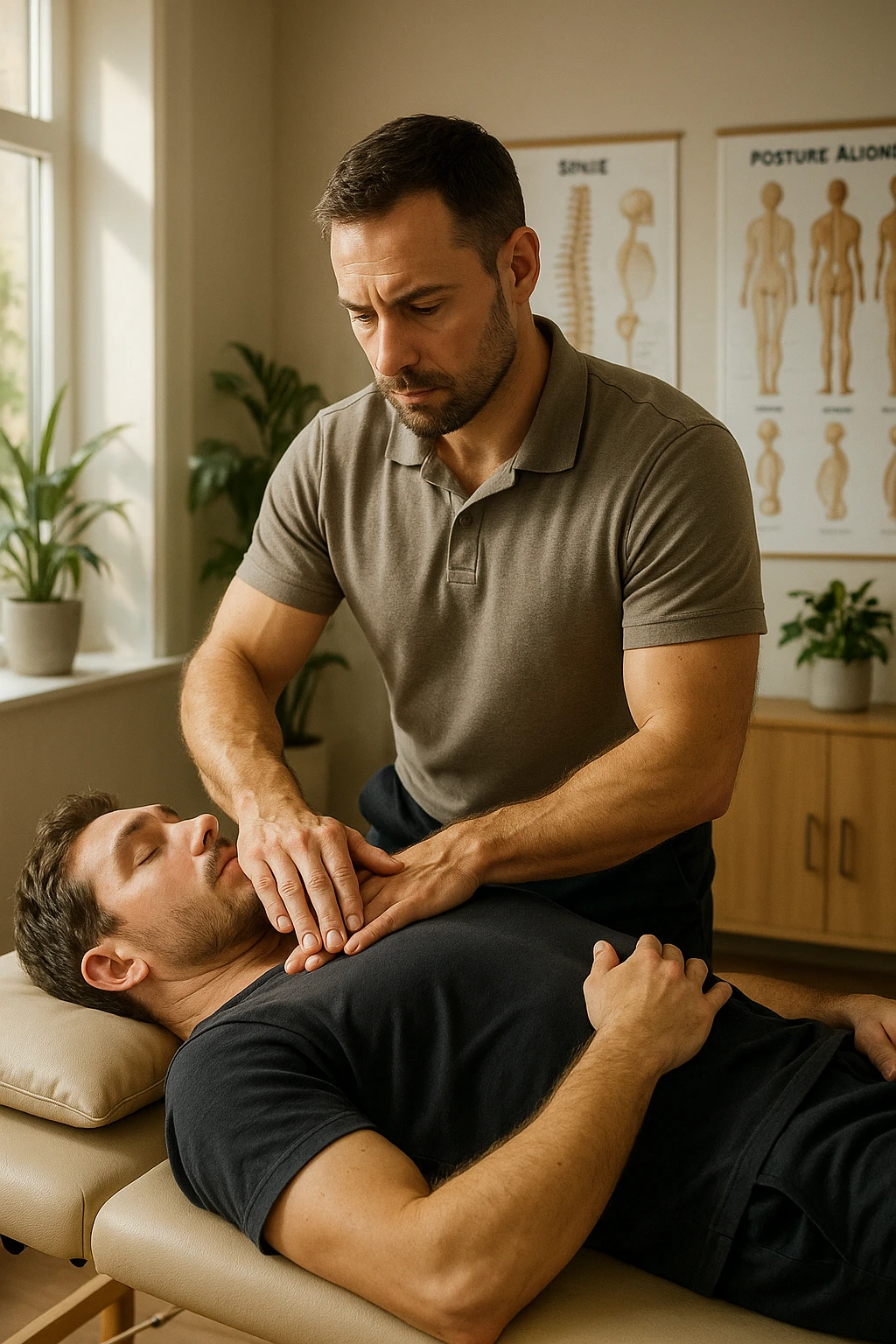 A realistic, cinematic illustration of a professional osteopath in his late 30s, wearing a fitted polo shirt in a neutral color, performing gentle manual manipulations on a patient to improve posture. The osteopath uses precise hand placement along the patient's upper back and cervical spine while the patient lies on a comfortable treatment table in a bright, modern clinic. Anatomical posters showing the spine and posture alignment are on the wall, and the room has warm, natural lighting with plants for a calming atmosphere. The scene emphasizes hands-on osteopathic care to restore body alignment, spinal mobility, and posture, showcasing trust, professionalism, and holistic care emoji