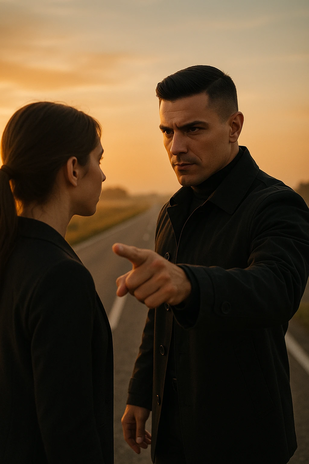 Cinematic photo of a confident man giving clear direction to a woman, standing in front of her with a firm but calm expression, pointing forward as if showing her the path to follow. The man is dressed in a dark jacket, embodying the role of a commander, while the woman looks at him attentively, ready to follow. The setting is an open road at sunrise with soft golden light, symbolizing new beginnings and leadership. Shot from a side angle, capturing both profiles with a clear view of his guiding gesture. emoji